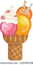 Vector illustration delicious colorful ice cream waffle cone. Icecream strawberry orange cream scoops waffle cone. on white background. Idea for poster, product, t-shirt. Vector icon ice cream cone.