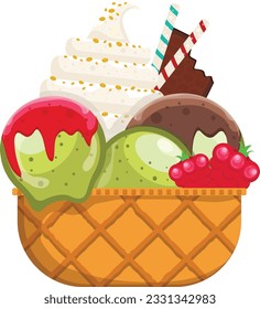 Vector illustration delicious colorful ice cream waffle cone. Many flavors of ice cream scoops waffle cone. on white background. Idea for poster, product, t-shirt. Vector icon ice cream cone.