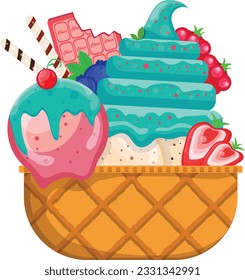 Vector illustration delicious colorful ice cream waffle cone. Many flavors of ice cream scoops waffle cone. on white background. Idea for poster, product, t-shirt. Vector icon ice cream cone.