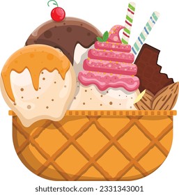 Vector illustration delicious colorful ice cream waffle cone. Many flavors of ice cream scoops waffle cone. on white background. Idea for poster, product, t-shirt. Vector icon ice cream cone.