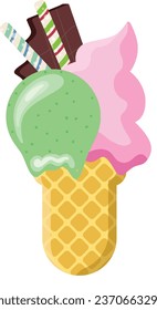 Vector illustration delicious colorful ice cream waffle cone. Icecream orange lemon cream scoops waffle cone. on white background. Idea for poster, product, t-shirt. Vector icon ice cream cone.