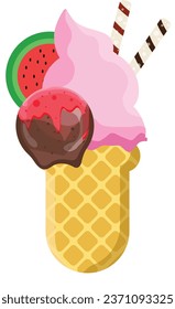 Vector illustration delicious colorful ice cream waffle cone. Many flavors of ice cream scoops waffle cone. on white background. Idea for poster, product, t-shirt. Vector icon ice cream cone.