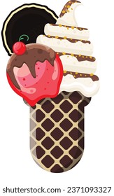 Vector illustration delicious colorful ice cream waffle cone. Many flavors of ice cream scoops waffle cone. on white background. Idea for poster, product, t-shirt. Vector icon ice cream cone.