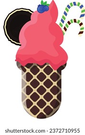 Vector illustration delicious colorful ice cream waffle cone. Many flavors of ice cream scoops waffle cone. on white background. Idea for poster, product, t-shirt. Vector icon ice cream cone.