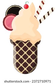 Vector illustration delicious colorful ice cream waffle cone. Many flavors of ice cream scoops waffle cone. on white background. Idea for poster, product, t-shirt. Vector icon ice cream cone.