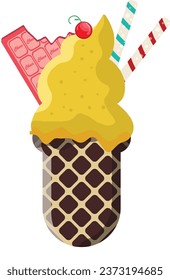 Vector illustration delicious colorful ice cream waffle cone. Many flavors of ice cream scoops waffle cone. on white background. Idea for poster, product, t-shirt. Vector icon ice cream cone.