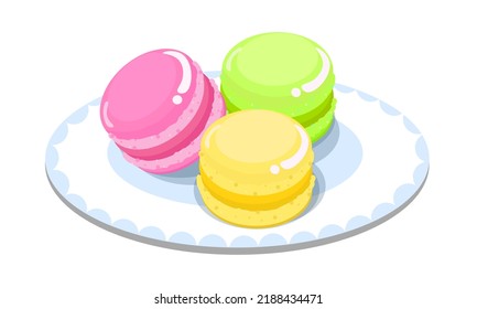 Vector illustration of delicious colorful macarons. Cartoon delicious food on plates, world sweets.