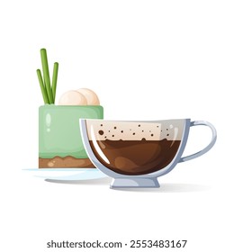 Vector illustration of a delicious composition with a glass cup of coffee and an exquisite dessert, complemented by green decor. Suitable for advertising cafes, restaurants, recipe books or menus.