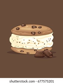 a vector illustration of a delicious cool ice cream sandwich with chocolate chip cookies and vanilla ice cream with chunks of chocolate on a brown background