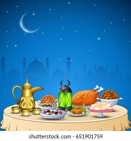 Vector illustration of delicious dishes for Iftar party
