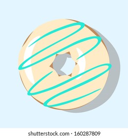 vector illustration of delicious donut with white glazing, adorned with turquoise cream, on light blue background