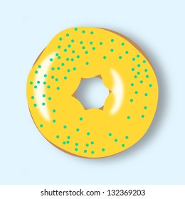 vector illustration of delicious doughnut with yellow glazing, sprinkled with turquoise candy, on light blue background
