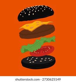 Vector illustration of a delicious floating black charcoal burger with layers of cheese, beef patty, lettuce, and tomato