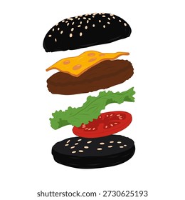 Ilustração vetorial de um delicioso hambúrguer de carvão preto flutuante com camadas de queijo, patty de carne, alface e tomate