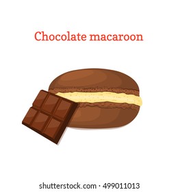 Vector illustration of a delicious French dessert. Macaroon chocolate with cream. Macaron delicious chocolate sweetness isolated on white background to design a menu packaging confectionery decoration