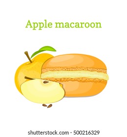 Vector illustration of a delicious French dessert. Macaroon yellow apple. Macaron delicious orange fruit sweetness isolated on white background to design a menu, packaging, confectionery decoration.