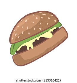 vector illustration of delicious fresh burger with cutlet cheese and greens 