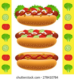Vector illustration of delicious fresh hot dogs with buns sprinkled with poppy seeds, with juicy sausages, ketchup, mayonnaise, mustard, tomato, cucumber and lettuce