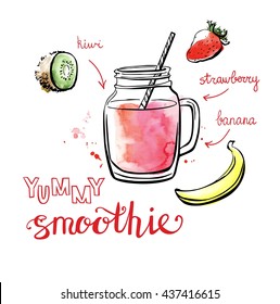 Vector illustration of delicious fruit smoothie. Hand drawn recipe of healthy drink made of kiwi, banana and strawberry Black outline and bright watercolor stain with artistic drips. Isolated on white