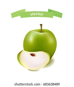 Vector illustration of a delicious green apple with a slice on a white background with a green banner.  