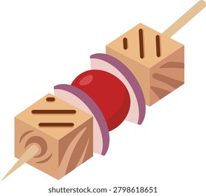 vector illustration of delicious grilled meat skewer. The skewer consists of perfectly seared cubes of steak, fresh red onion slices, and a juicy tomato, all arranged on a wooden skewer.