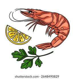 Ilustração vetorial de um delicioso camarão grelhado com fatias de limão e salsa, apresentando cores vibrantes e texturas detalhadas.