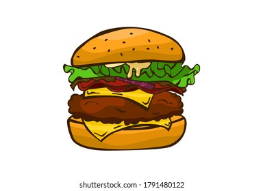 Vector illustration of a delicious hamburger with cutlet, bacon, cucumber, onion and double cheese. Food icon.  Fast food menu.