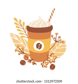 Vector illustration of delicious hot beverage with whipped cream and straw decorated with autumn leaves, twigs and spices. Cute card design on Fall season theme in modern flat style.