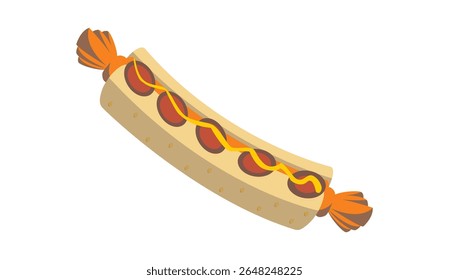 Vector illustration of a delicious hot dog with mustard and ketchup in cartoon style. Suitable for food menus, fast food advertisements, packaging design, and culinary projects.