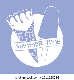 Vector illustration with delicious ice cream cone and ice lolly. Inscription summer time.