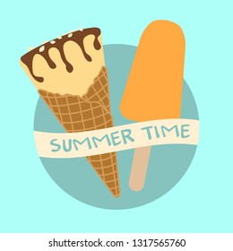 Vector illustration with delicious ice cream cone and ice lolly. Inscription summer time.