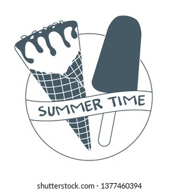 Vector illustration with delicious ice cream cone and ice lolly. Inscription summer time.