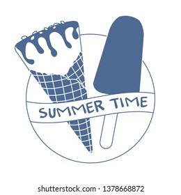 Vector illustration with delicious ice cream cone and ice lolly. Inscription summer time.