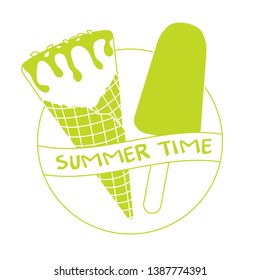 Vector illustration with delicious ice cream cone and ice lolly. Inscription summer time.