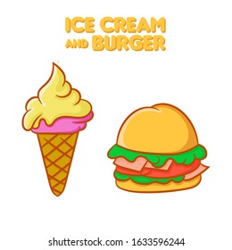 Vector illustration of a delicious ice cream and burger. Fast food in cartoon hand drawn style with bright colors graphic resources