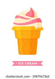 Vector illustration of delicious ice cream isolated on a white background. Illustration of a funny cartoon striped waffle cup with ice cream, with strawberry syrup.