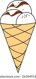 Vector Illustration of Delicious Ice Cream Cone with Vanilla Scoops and Chocolate Topping for Dessert, Summer, and Food Design Projects