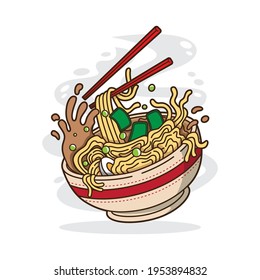 Vector illustration of delicious Japanese ramen noodle on bowl with flat style