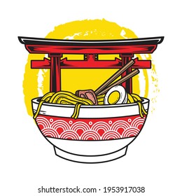 Vector illustration of delicious Japanese ramen noodle on bowl with torii gate background