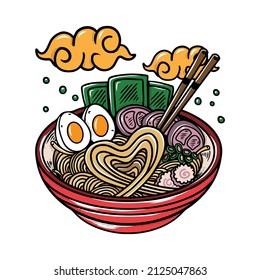 vector illustration of delicious japanese ramen noodle on bowl with vintage retro flat style