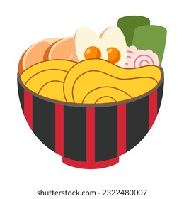 Vector illustration of delicious Japanese ramen noodle on bowl with flat style. Traditional Asian noodle soup. Ramen with eggs and shrimp. The noodles are hanging on sticks. Eastern cuisine.