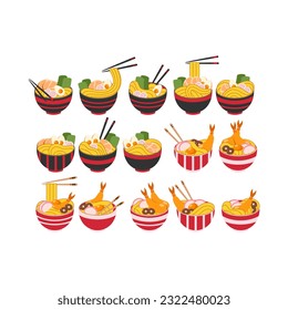 Vector illustration of delicious Japanese ramen noodle on bowl with flat style. Traditional Asian noodle soup. Ramen with eggs and shrimp. The noodles are hanging on sticks. Eastern cuisine.