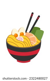 Vector illustration of delicious Japanese ramen noodle on bowl with flat style. Traditional Asian noodle soup. Ramen with eggs and shrimp. The noodles are hanging on sticks. Eastern cuisine.