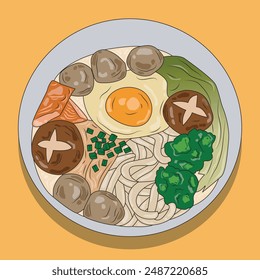 vector illustration of delicious Japanese udon noodle soup.
