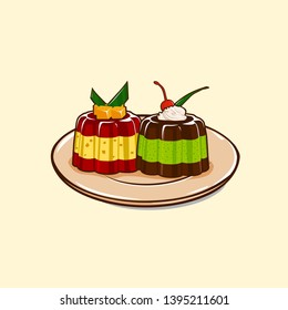 Vector illustration of a delicious layered pudding on a beautiful plate, decorated with mango, cherry, cream, and pandan leaves