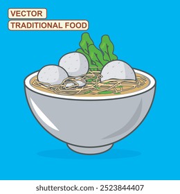 Vector illustration of delicious meatball soup served in a bowl. in the form of meatballs, noodles, vegetables and broth, for culinary food blogs, infographics, food illustrations 