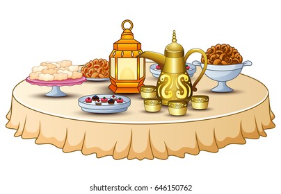 Vector illustration of Delicious menu for iftar party are on the table with lantern and gold teapot