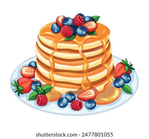 Vector illustration of delicious pancakes drizzled with sweet honey and with berries on a plate in cartoon style. Yummy pancakes with strawberries, blueberries, raspberries and green mint leaves.