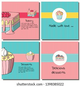 Vector illustration with delicious pastries. The illustration can be used as a menu, cafe decoration, print for products in a cafe.