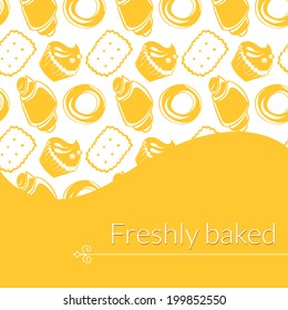 Vector illustration  delicious pastries, cookies, croissants, biscuits in outline doodle style, background with place for text